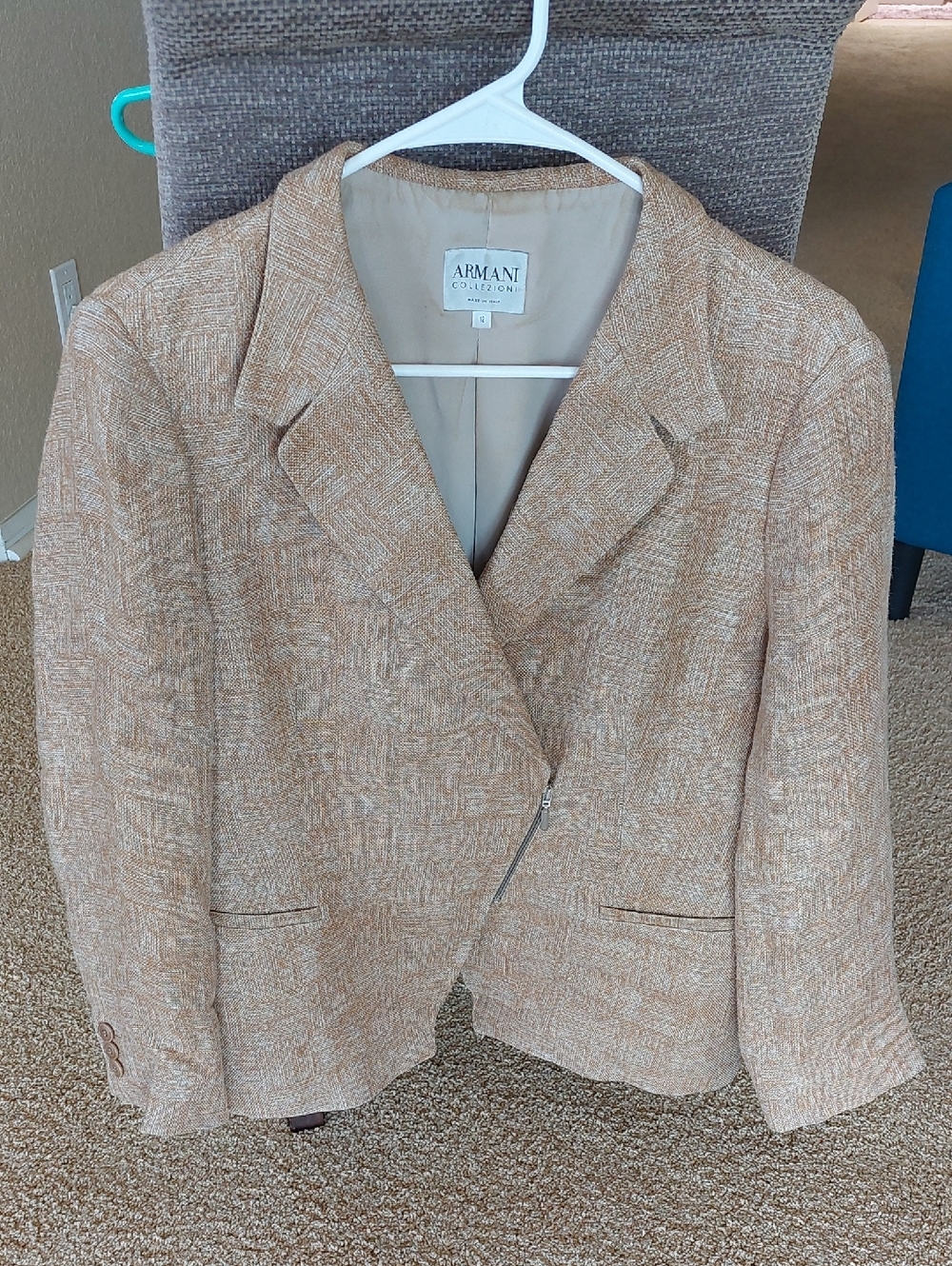 Armani Collezioni Beige Tan Tweed Zip-Front Women's Blazer